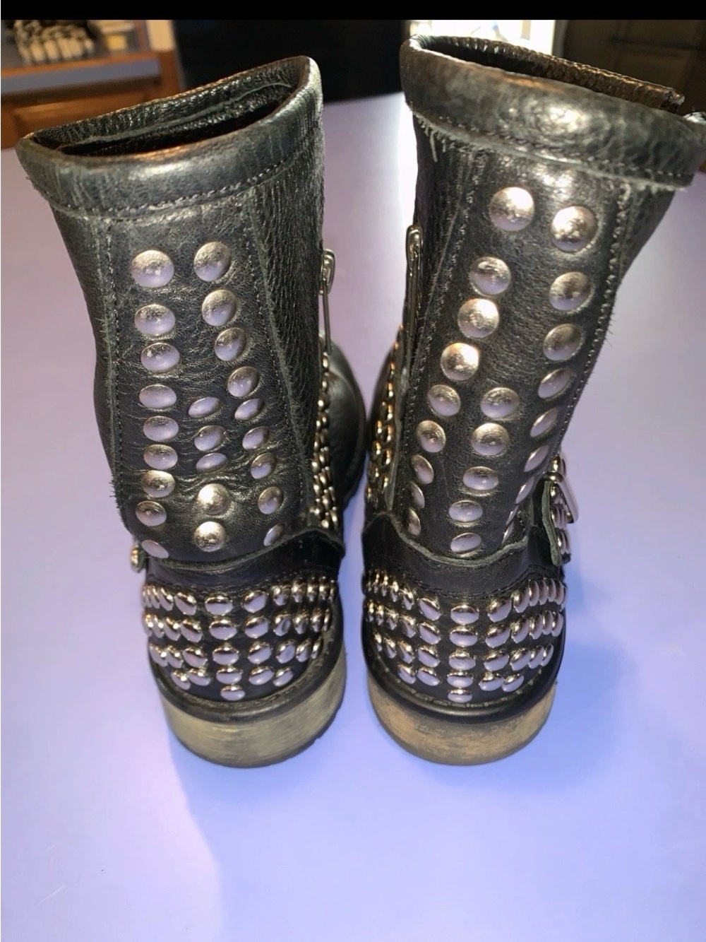Steve Madden "Fraankie" Black Studded Leather Moto Boots - Picture 3 of 7